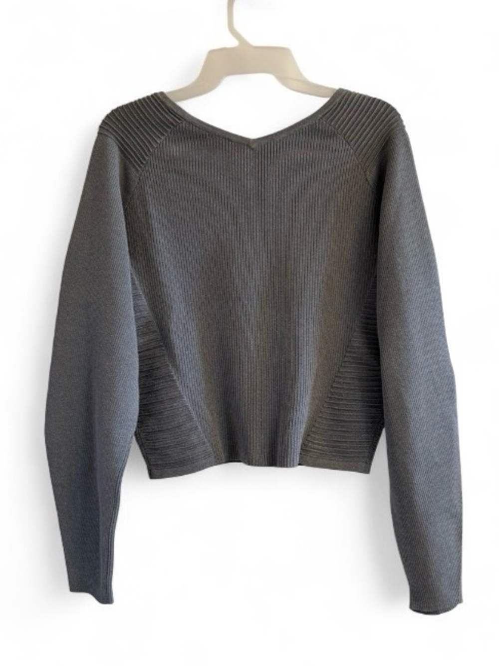 Express Grey Ribbed V-Neck Sweater Size Small - Picture 2 of 14